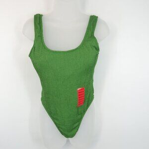 Women's Green Ribbed High-Cut Scoop Neck Swimsuit Bodysuit Medium